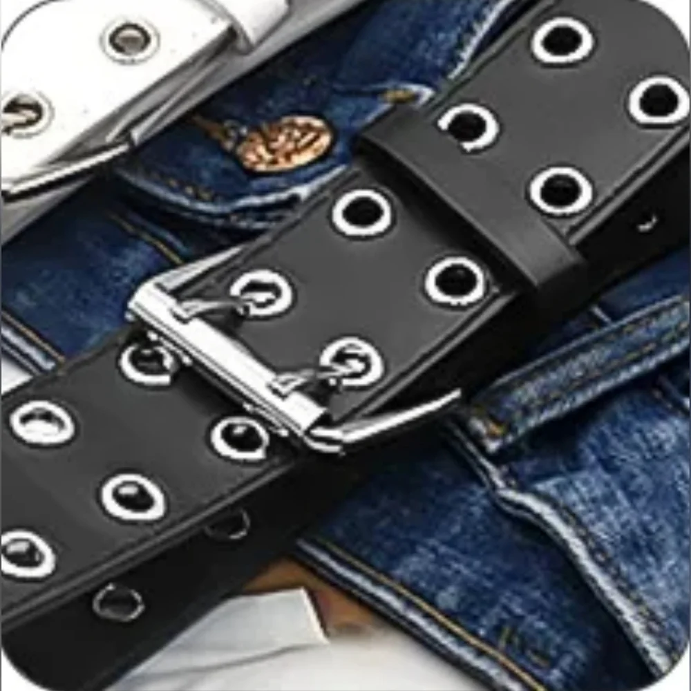 Black Belt Double Grommet Faux Leather Punk Belt for Women & Men, Small 39